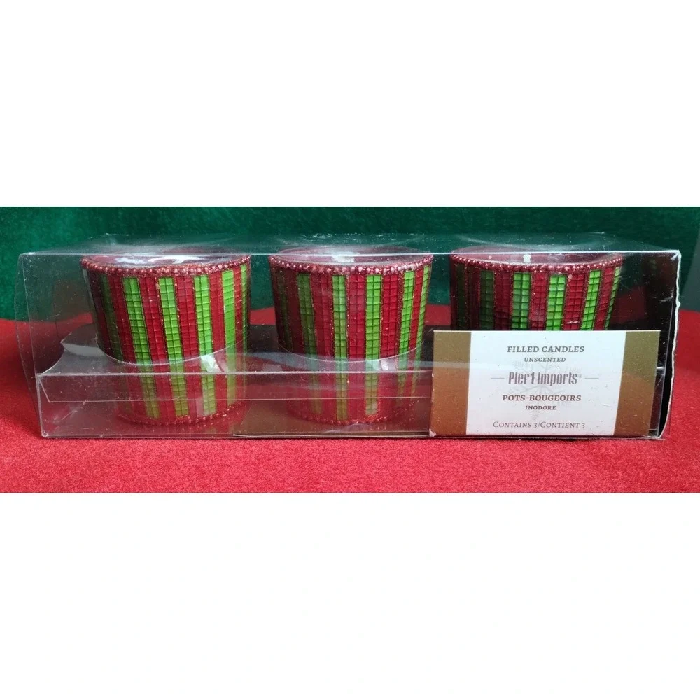 Pier 1 Imports Christmas Red & Green Mosaic Stripes Beaded Edge Votive Candles